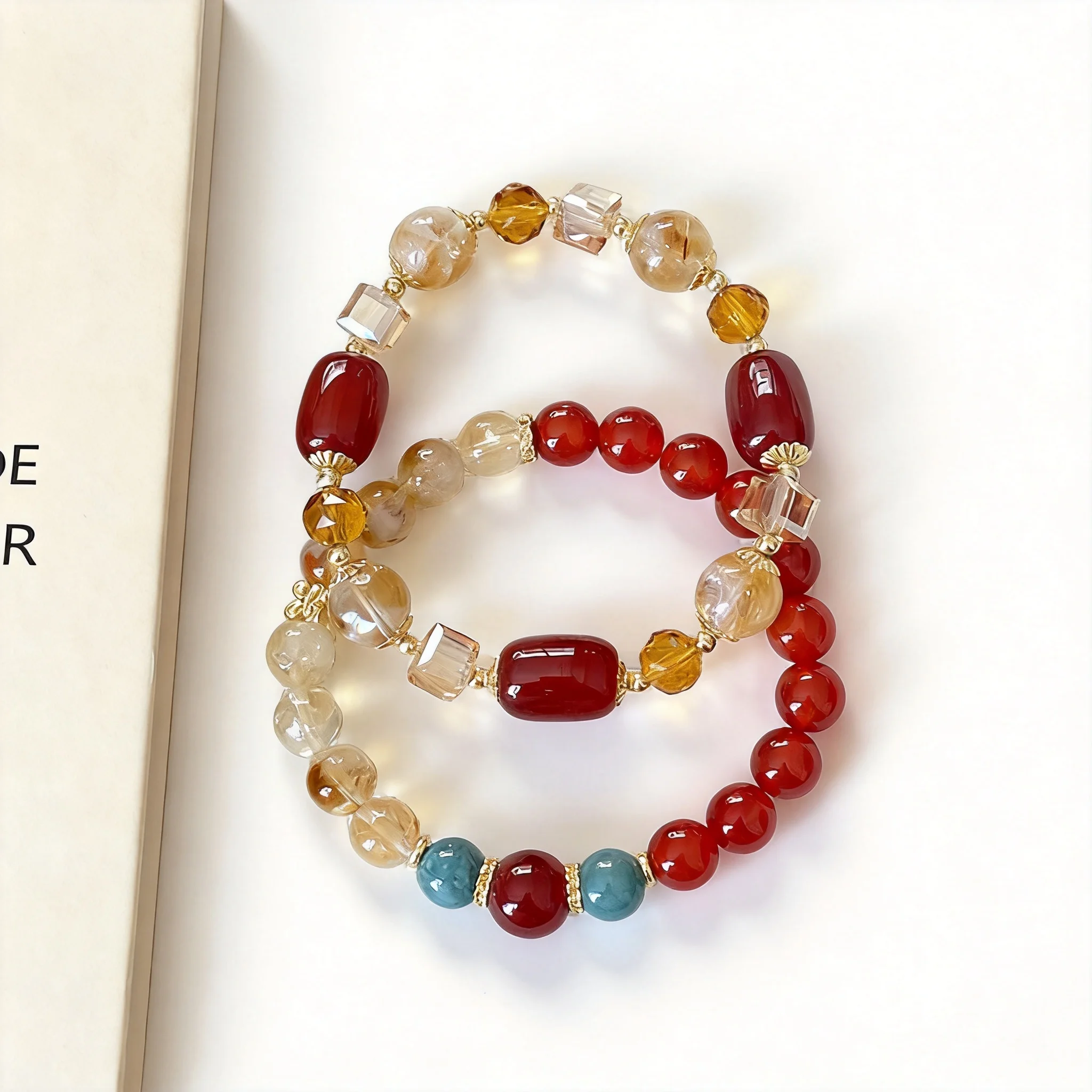 Chinese Style Lucky Wealth Attract Natural Citrine Red Agate Blue Water Jade Beaded Bracelet For Women Vintage Elegant Blessing