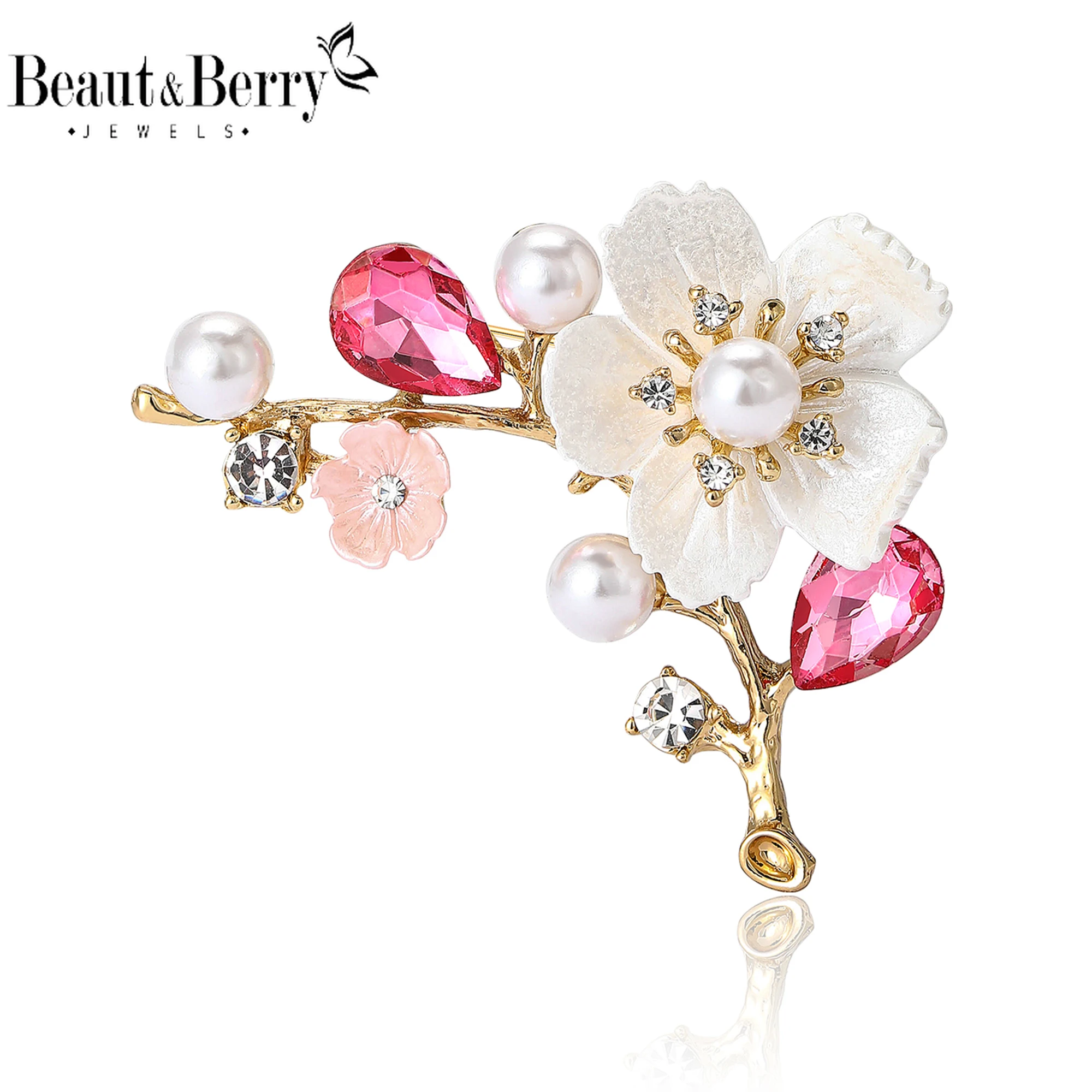 

Beaut&Berry Luxury Enamel Pearl Plum Flower Brooches for Women Plant Pins Friends Party Gift Banquet Jewellery Accessories