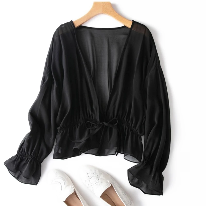 Women Shawl 100% Mulberry Silk Black Thin Type Bow-tied Ruffles Bottom Cappa Cardigan Blouse Top Shirt M1139