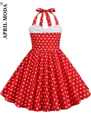 2024 Little Girl Summer Polka Dot Print Vintage Dress Child Party Office Lady 50s 60s Rockabilly Big Swing Halter Tunic Vestidos