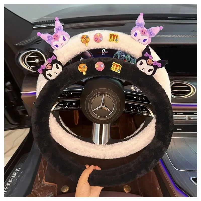 Cartoon Sanrioed Kuromi Plush Doll Car Steering Wheel Cover Kawaii Auto Interior Decoration Accessories Car Protective Cover