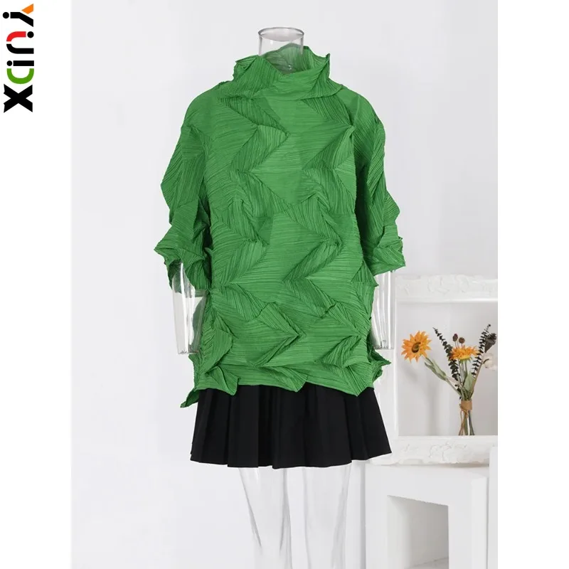 

YUDX Miyake Casual Irregular Pleated T-shirt Women Turtleneck Long Sleeves Loose Tops Elegant Female Clothing 2024 Spring New