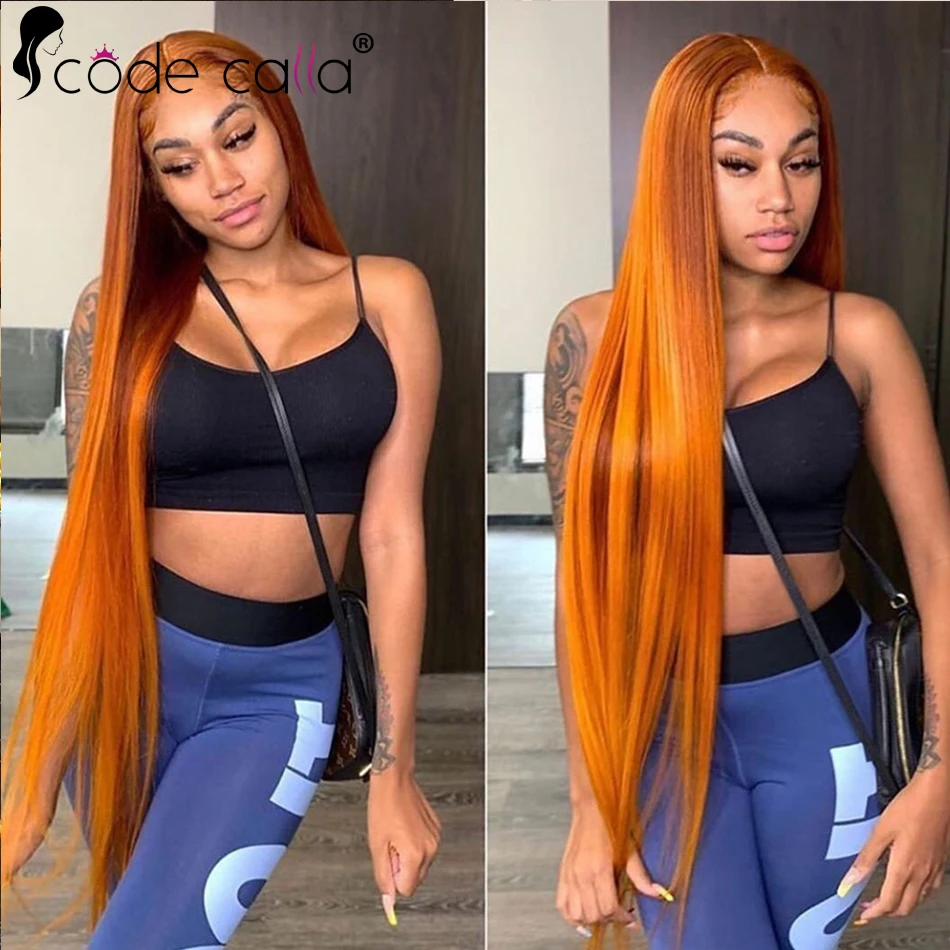 Perucas dianteiras do laço do gengibre laranja para mulheres, cabelo humano, osso reto, peruca transparente HD do laço, 13 × 4