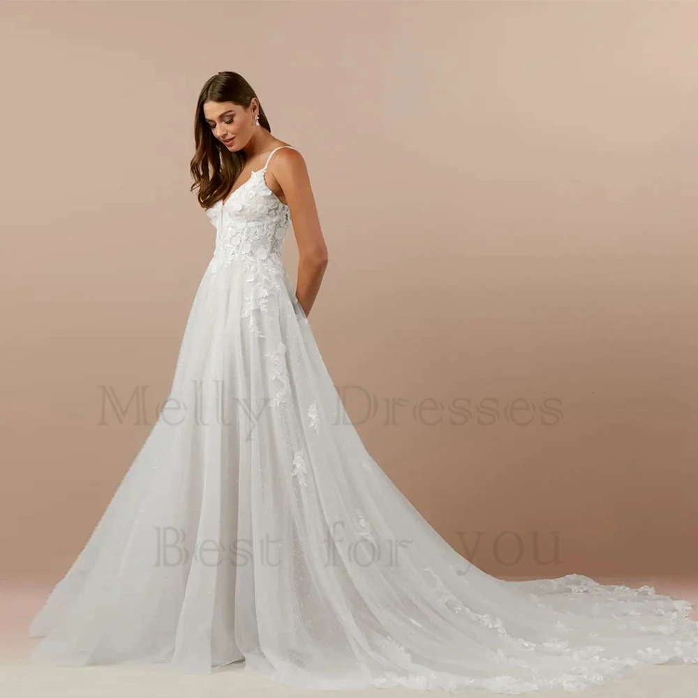 Abiti da sposa avorio con spalline sottili per donna 2024 abiti da sposa in Tulle morbido estivo con pizzo New Sweep Train Robe De Soirée