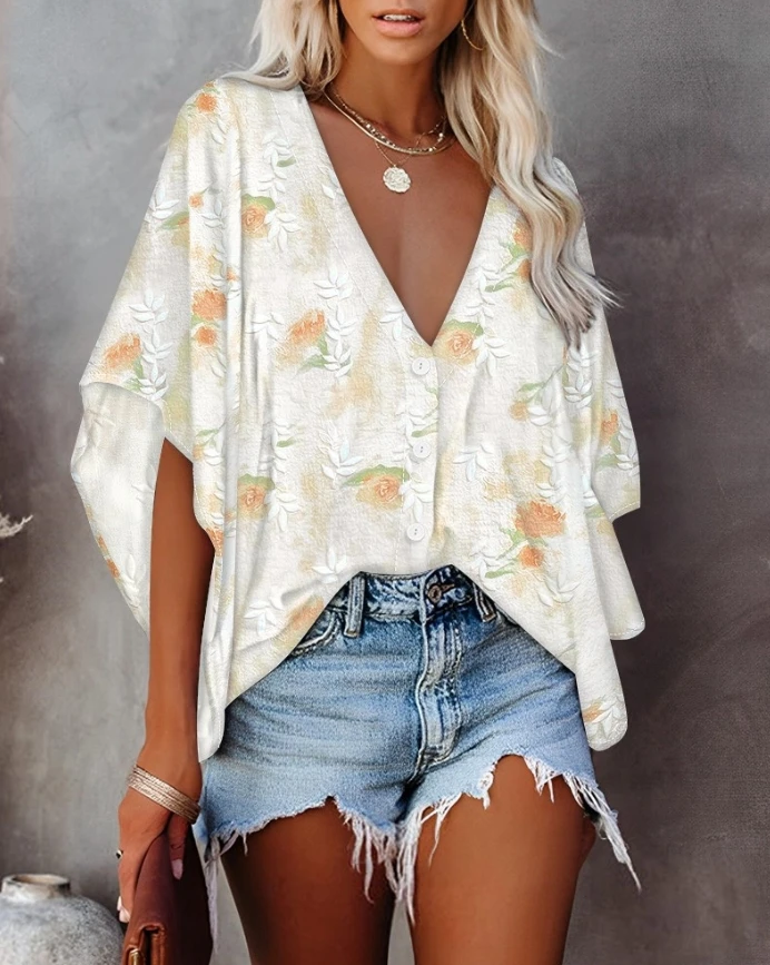 

Women's Blouse Casual Vacation 2025 Trendy Floral Print V-Neck Batwing Half Sleeve Blouse Button Front Oversized Shirt Top