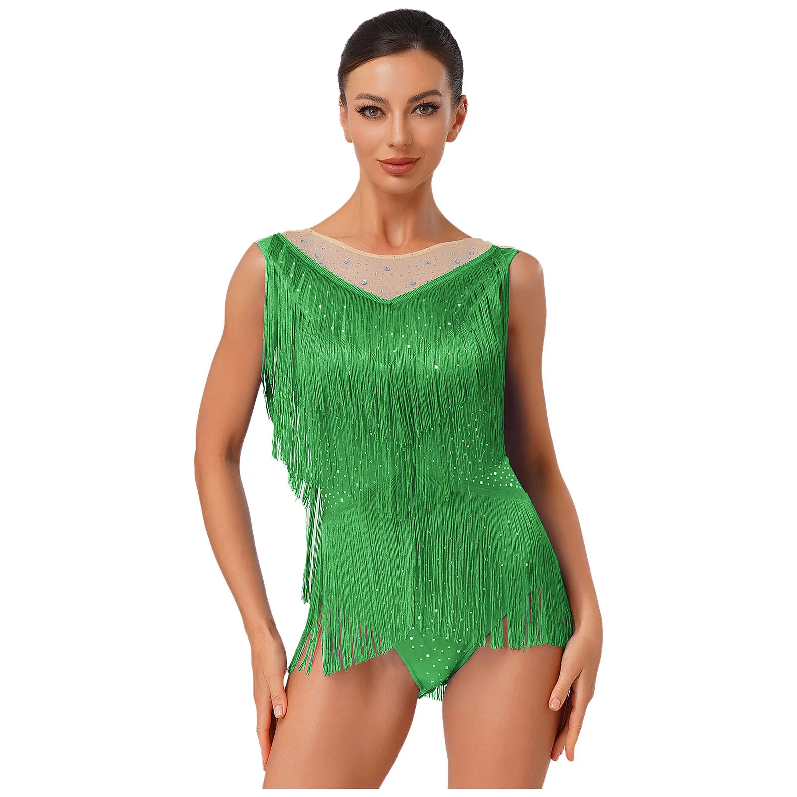 Body para mujer Chacha Rumba Samba Tango latino baile borla con diamantes de imitación cuello redondo sin mangas gimnasia patinaje artístico leotardo