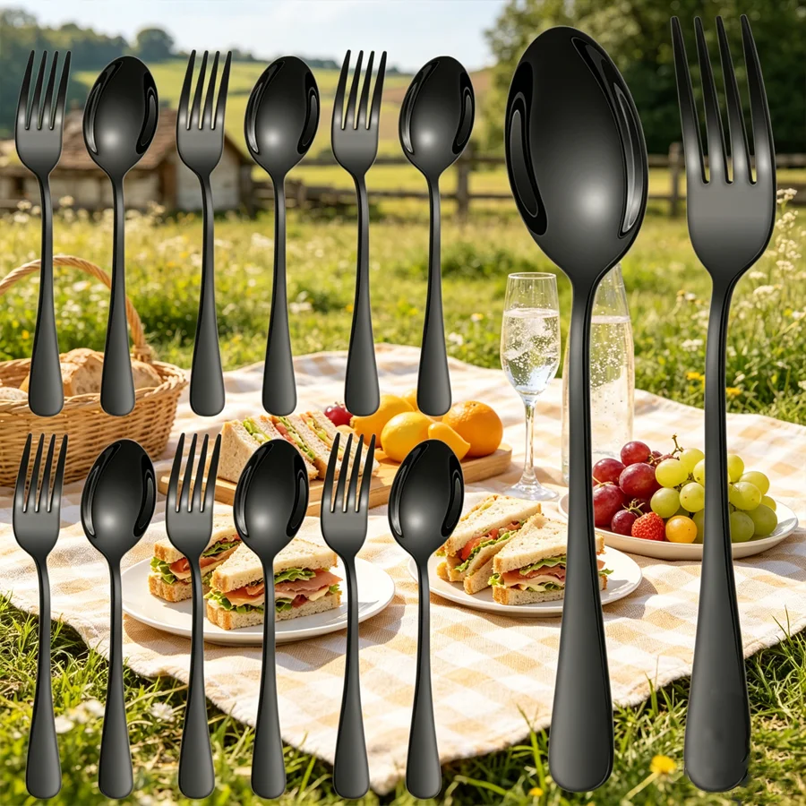 12-teiliges Edelstahl-Besteckset im Western-Stil - Gabel- und Löffelset, Gabel + Löffel, Spülmaschinenfest, Geeignet für Hotels, Haushalte, Restaurants