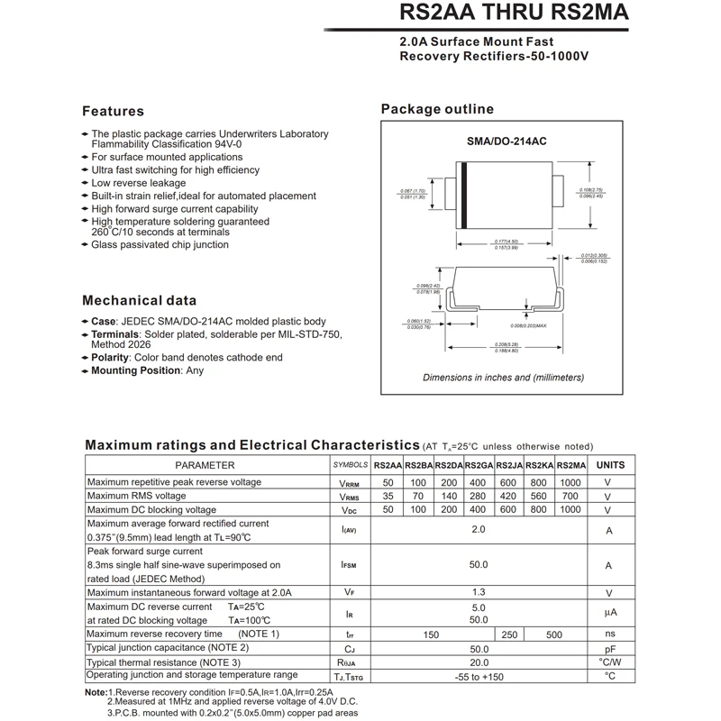 RS2MA FR207 50PCS RS2M DO-214AC 2A 1000V SMA Rapid rectification diode