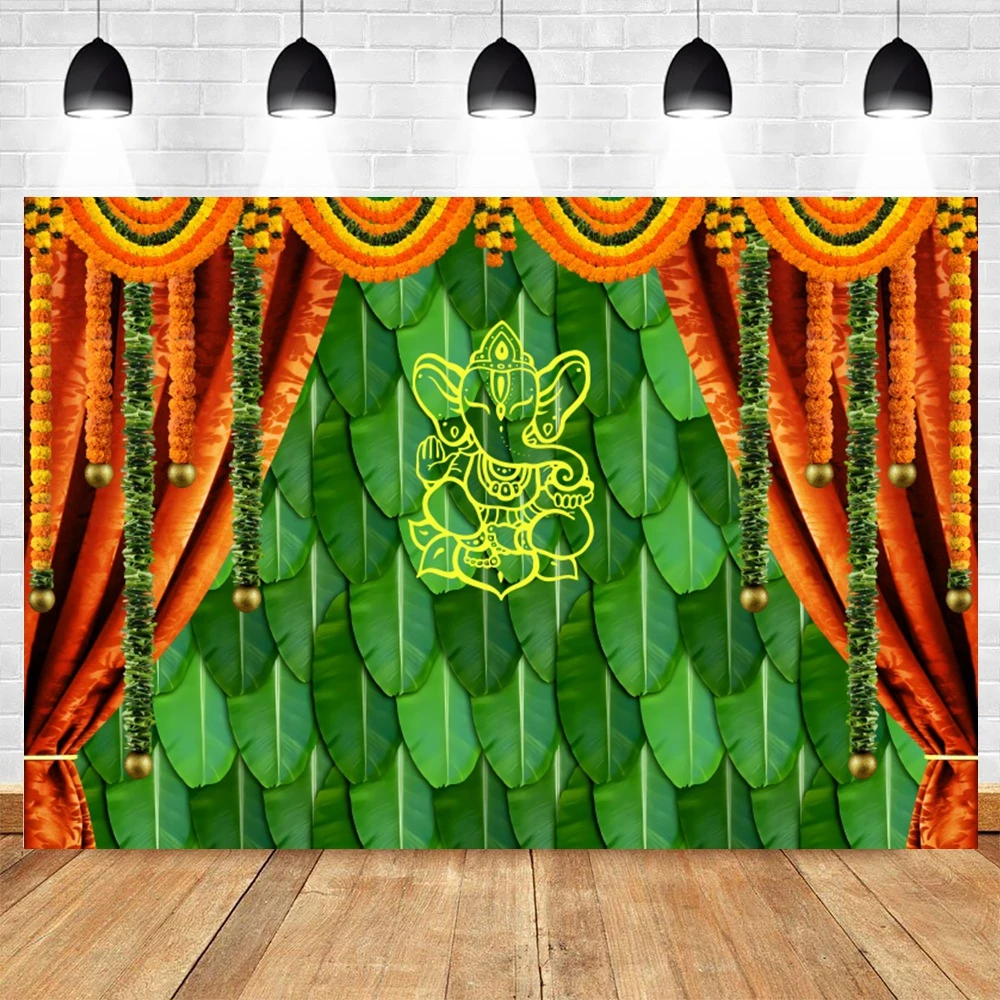 India Pooja Traditional Photography Backdrop Marigold Green Banana Leaf Chatiya Ganesh Background Puja Ganpati Wedding Party