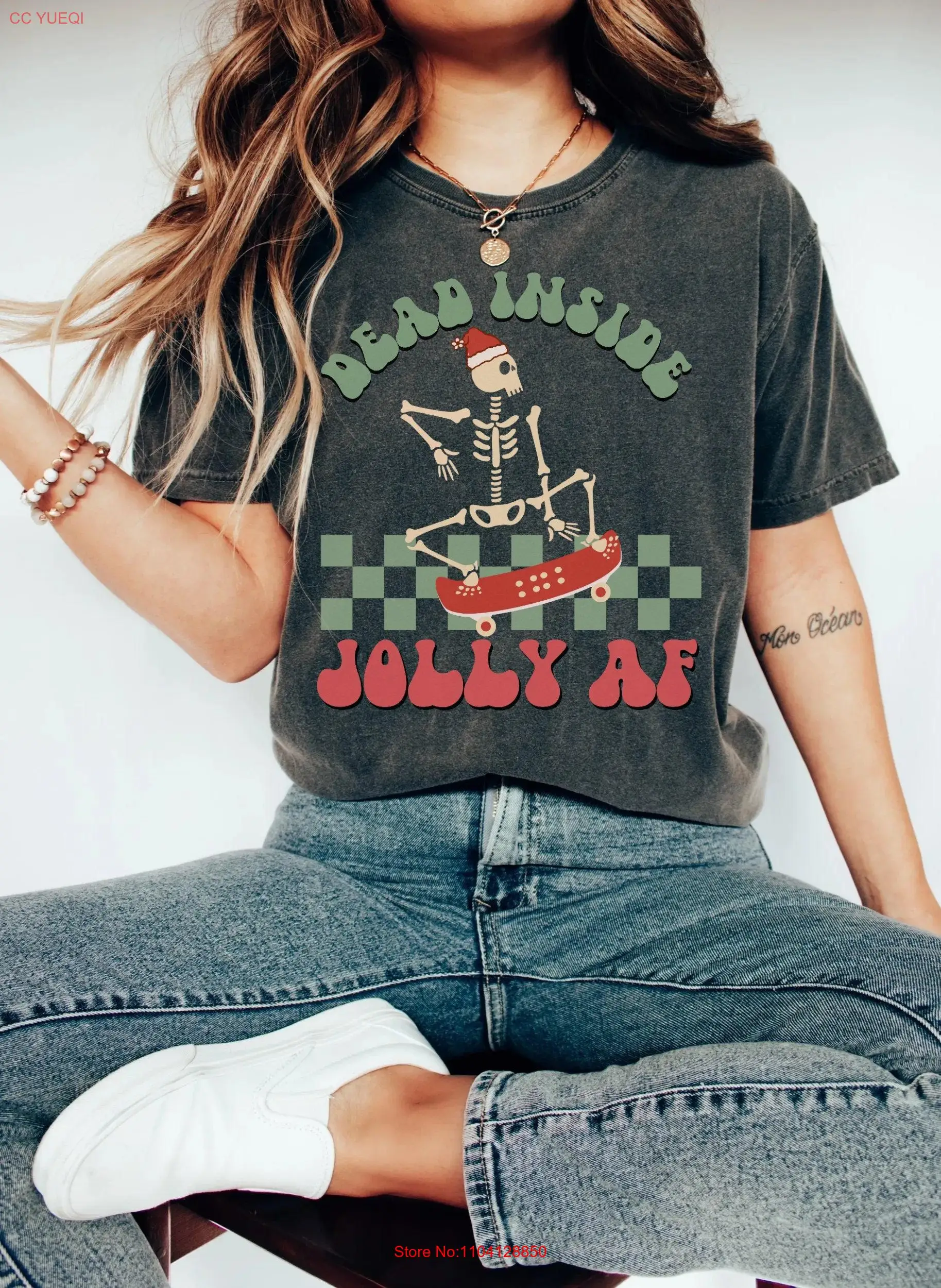 

Dead Inside Jolly AF T Shirt Skeleton Retro Christmas Holiday Holly Funny long or short sleeves