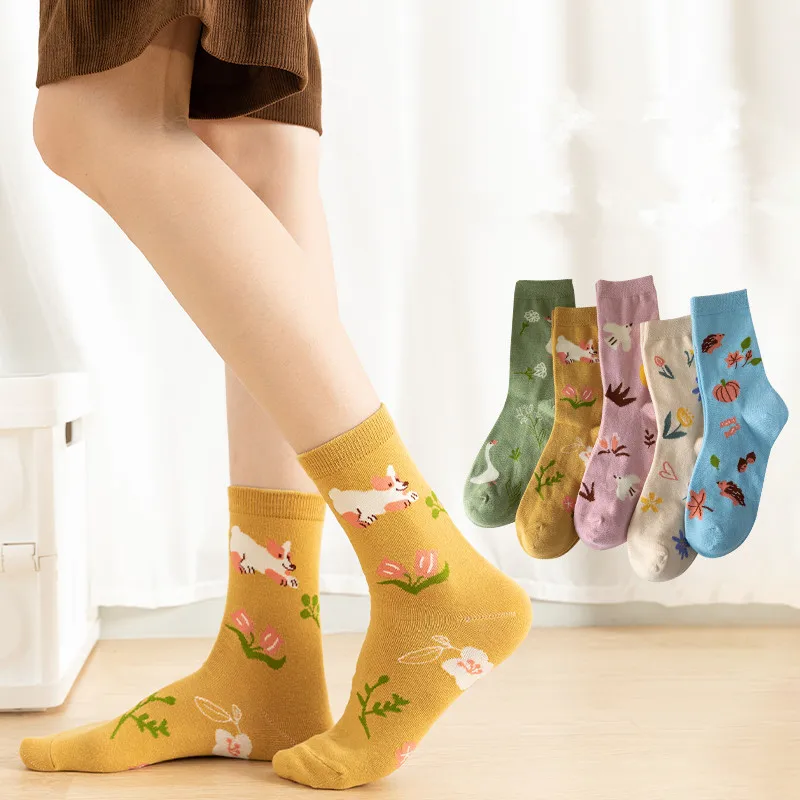 Socks Women Autumn Winter Japanese Flower Cartoon Animal Goose Dog Bird Cute Hedgehog Soft Absorption Ins Cotton Mid-tube Sock