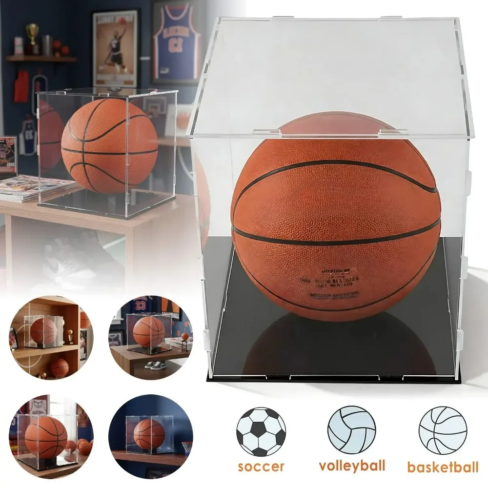 Vitrine en acrylique avec base – Protection transparente pour ballons de basket, de football, de volley-ball, figurines et bijoux |   Résistant aux chocs, anti-poussière et empilable pour la maison, le bureau, le magasin et le musée |   Montage facile pour objets de collection et souvenirs sportifs