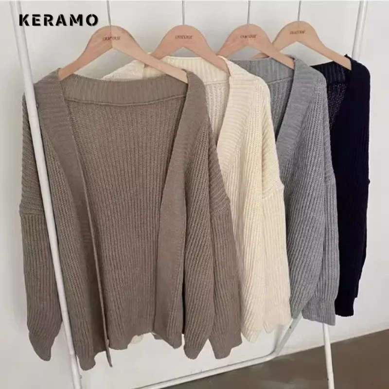 2024 Winter Casual Vintage Oversized Knitting Long Sleeve Cardigans Women Sweet Solid Color Female Loose Open Stitch Sweater