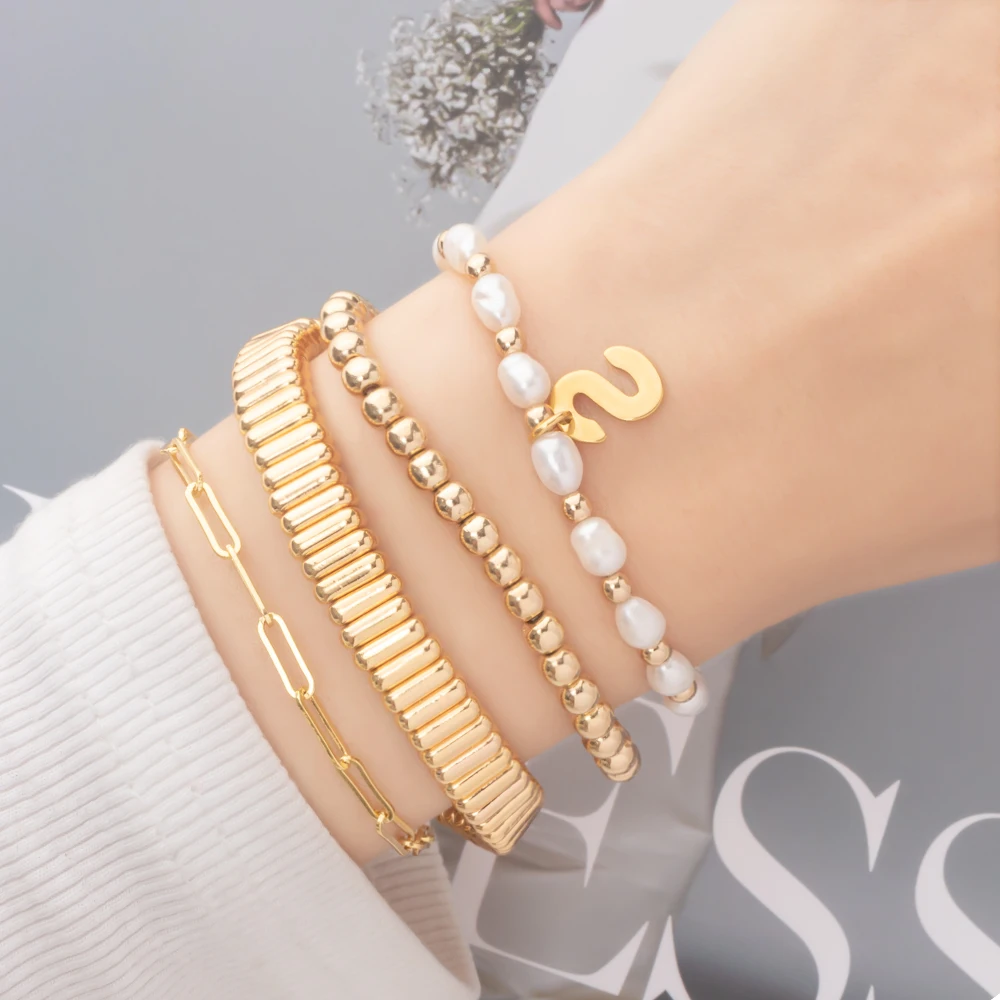 Wholesale Gold Silver Color Elastic Bracelets Handmade Letter Charms Bracelets For Women 2X8MM Beads Bracelets Bohemain Jewelry