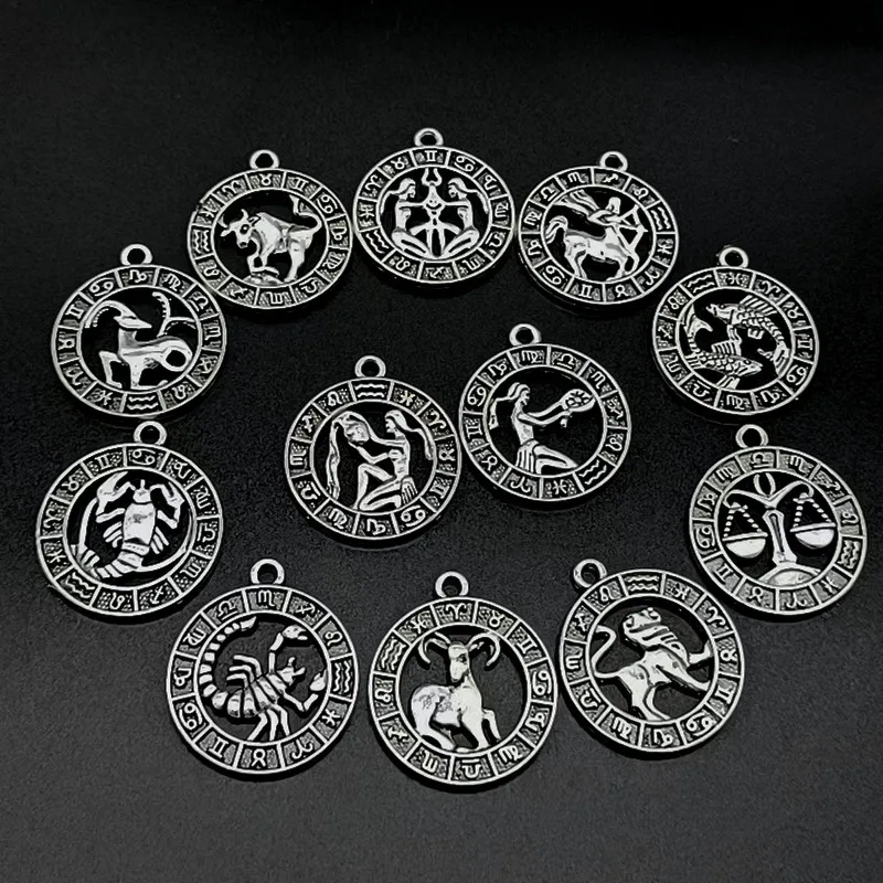 12pc Silver Color 24x21mm Twelve Constellations Charms Zodiac Pendant For DIY Handmade Metal Astrology Jewelry Making Accessorie