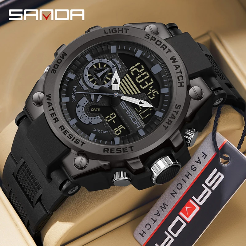 SANDA 3302 Electronic Watch Fashion LED Dual Display Men's Digital Electronic Watch Shock resistant and Waterproof Sports Men's