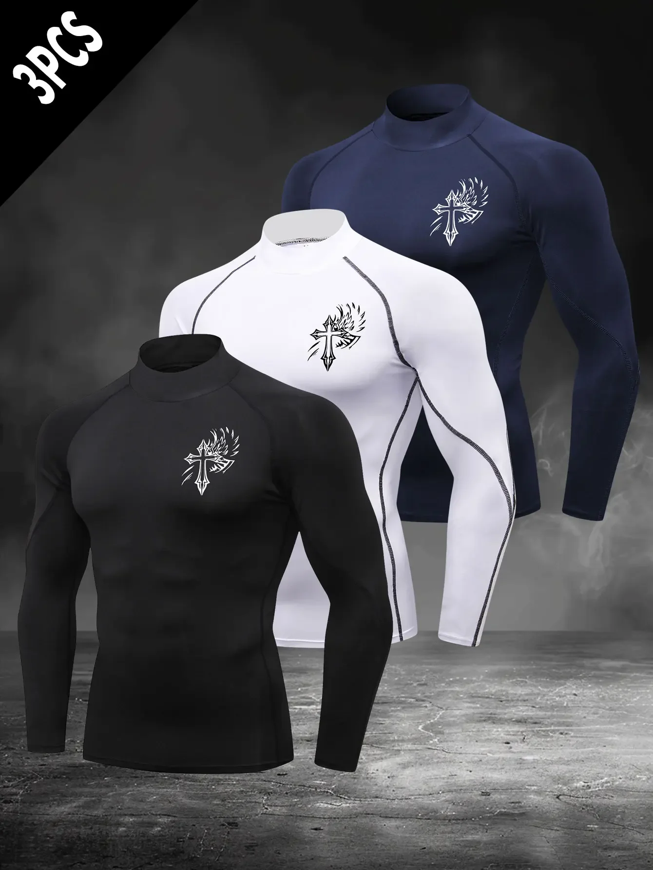 

3pcs，Sports tight-fitting men's long-sleeved T-shirt, fitness quick-drying high-elasticity basketball training base layer