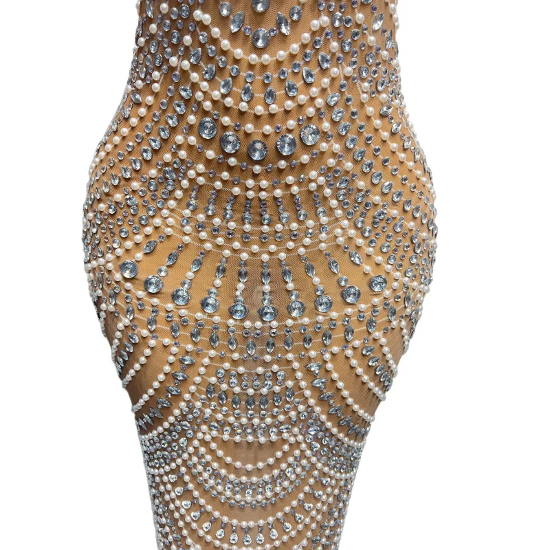 Apricot Sleeveless Long Dress Pearl Diamond Inlaid Round Neck, Back Split, Luxury Elegant Style Party High-End Performance Dress