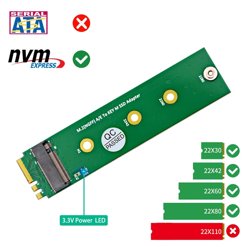 Convertitore adattatore SSD M.2 NGFF A/E a Key-M M.2 A + E a M2 NVME SSD Riser Board Supporto 2230 2242 2260 2280 SSD M2 Installazione semplice