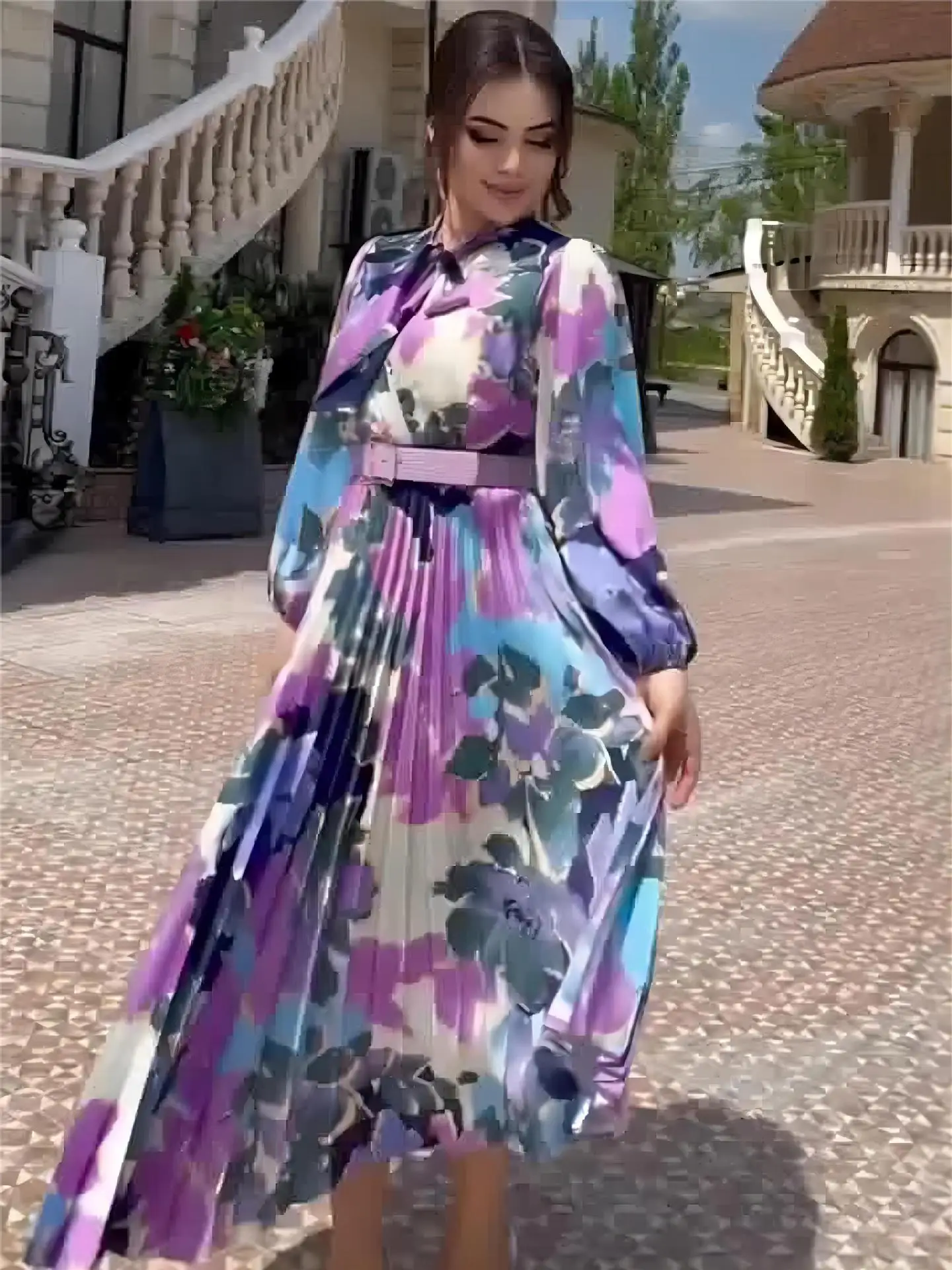 Eid Muslim Dress Long Puff Sleeve Lace Up Sundress Women Printed Dress Elegant Long Vestido Robe Femme Jalabiya Ramadan 2024