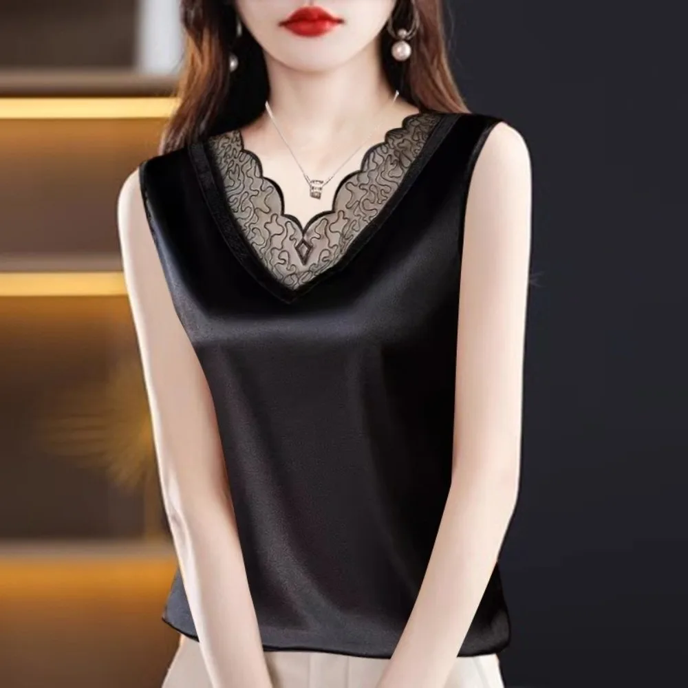 Elegant Women Summer Tanks Lace Collar Border V-Neck Fashion Sleeveless Tops Inner Wear Base Plus Size Option Lace Camis Vest