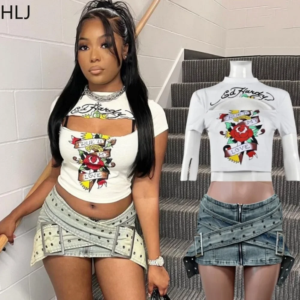 

HLJ Fashion Y2K Print Denim Mini Skirts Two Piece Sets Women Hollow Out Slim Short Sleeve Crop Top And Belt Jean Skirts Outfits