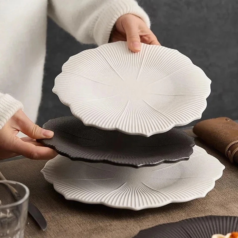 

Matte Ceramic Plate Serving Dish Pasta Dish Steak Plate Dessert Dish Lotus Striped Plate Molecular Cuisine Kitchen Tableware