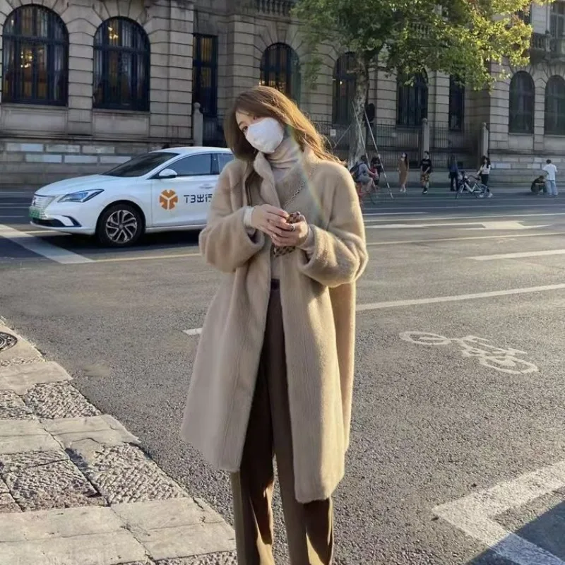 Abrigo largo de felpa de visón para mujer, abrigo suelto, suave y cómodo, de una pieza, de alta calidad, a la moda, para otoño e invierno, 2023