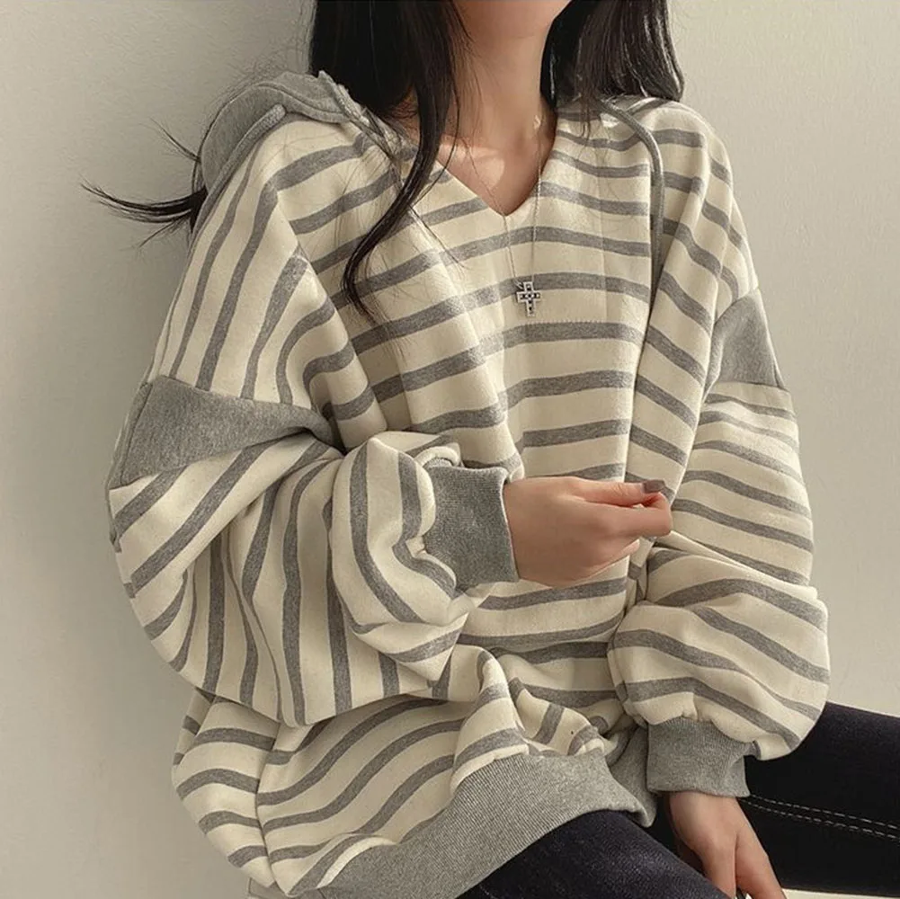 Autumn Winter Korean Striped Hoodie Women's Casual Thin Fleece Lined V-Neck Sweatshirt Loose Fit Round Neck Pullove Hoodies