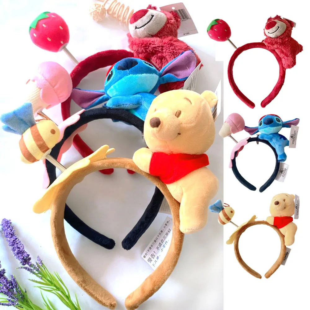 Disney Cartoon Plush Headband Stitch Winnie The Pooh Lotso Doll Headwear Shanghai Disneyland New Cute Women Spring Mickey Ears