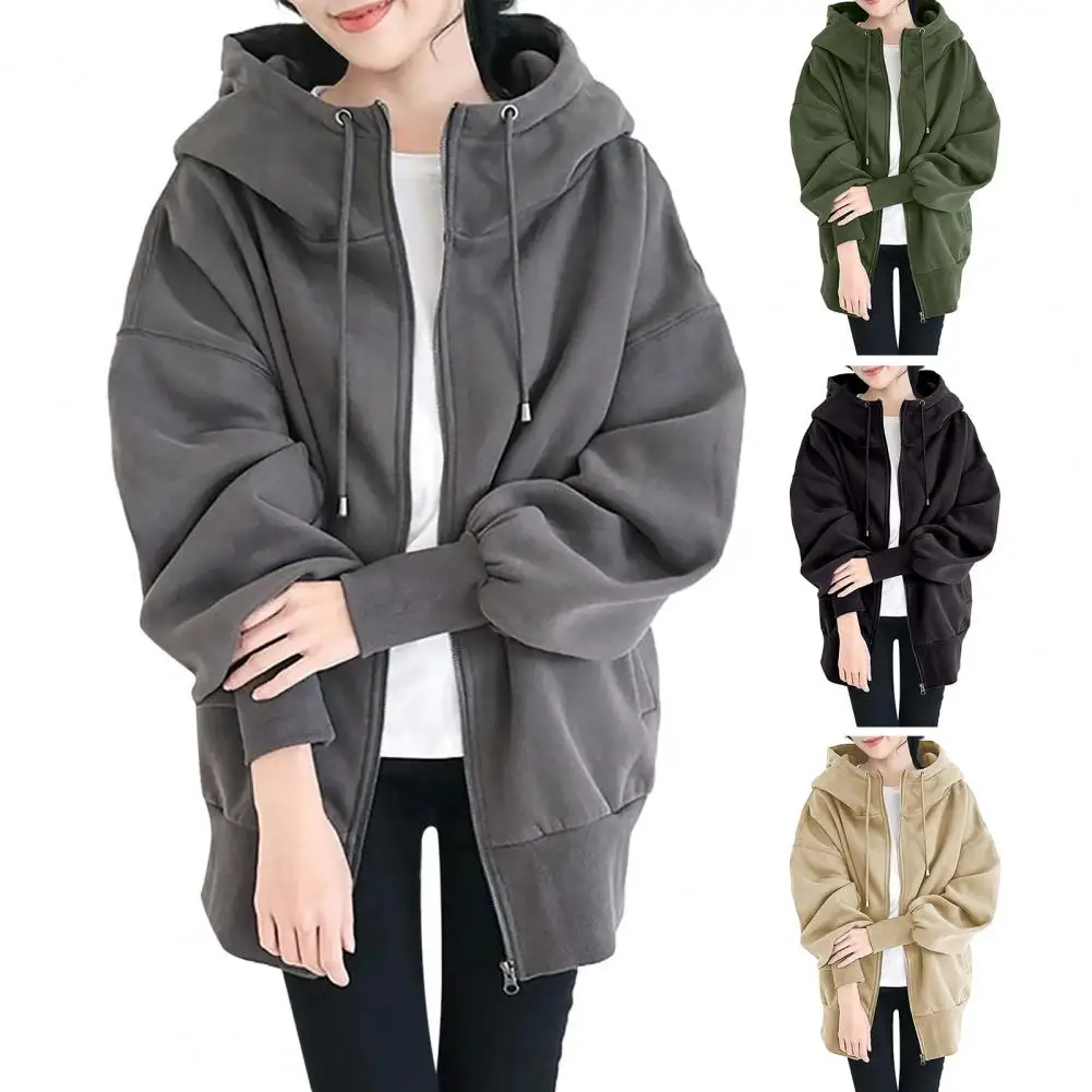 

Women Sweatshirt Jacket Stylish Women's Mid-length Fleece Coat with Hood Pockets for Autumn Winter Warmth Zipper for Wear