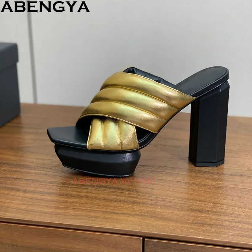 Super Chunky Heels Slippers Women Real Leather Platform Slides Summer High Heels Dress Shoes Woman Sandals Modern Slippers Woman