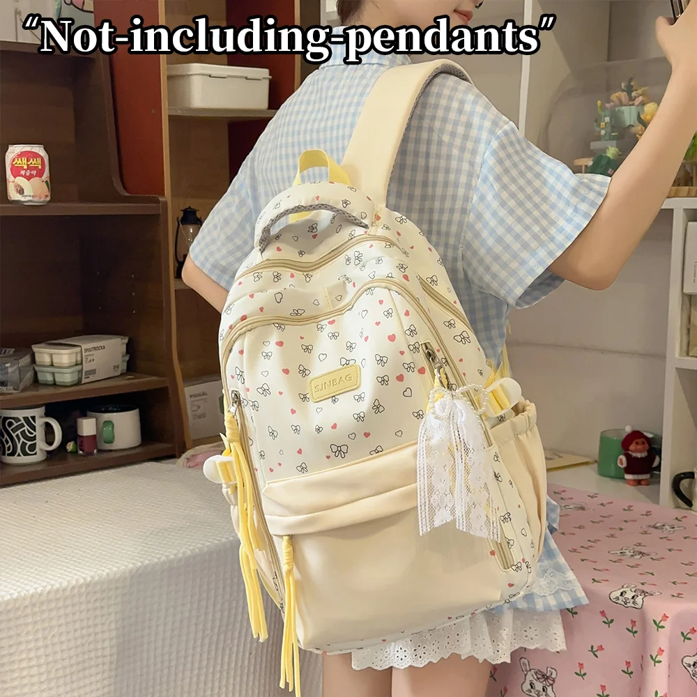 Casual Backpack, Lightweight Daypack, Cute Bow Heart Printed, Multiple Zipper Compartments, Short Trip Shopping