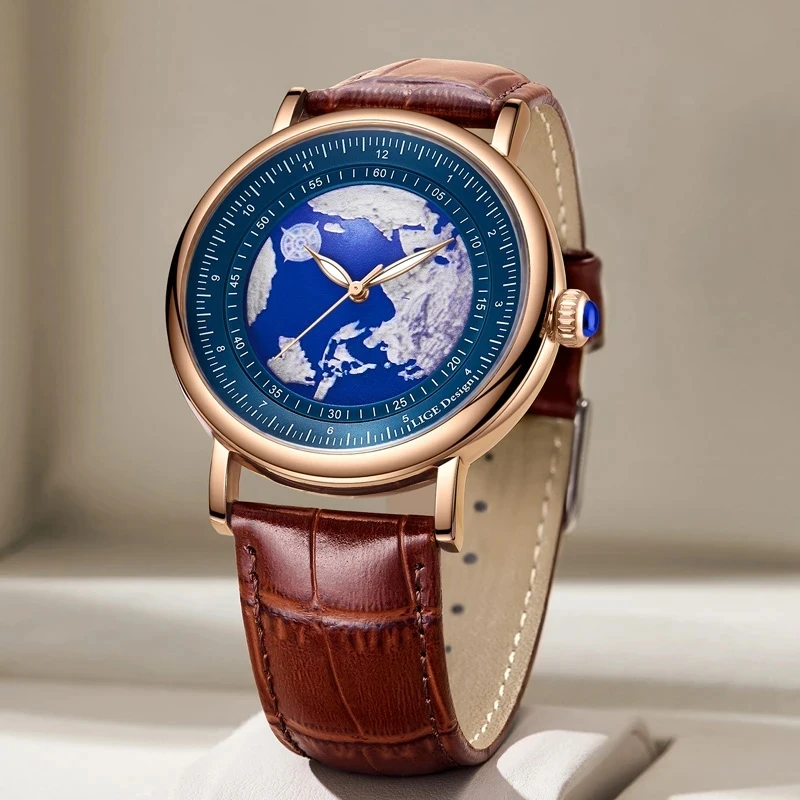 2025 LIGE Mens Watches Fashion Blue Planet Creative Earth Quartz Wristwatch Leather Sport Watch for Men Clock Relogio Masculino