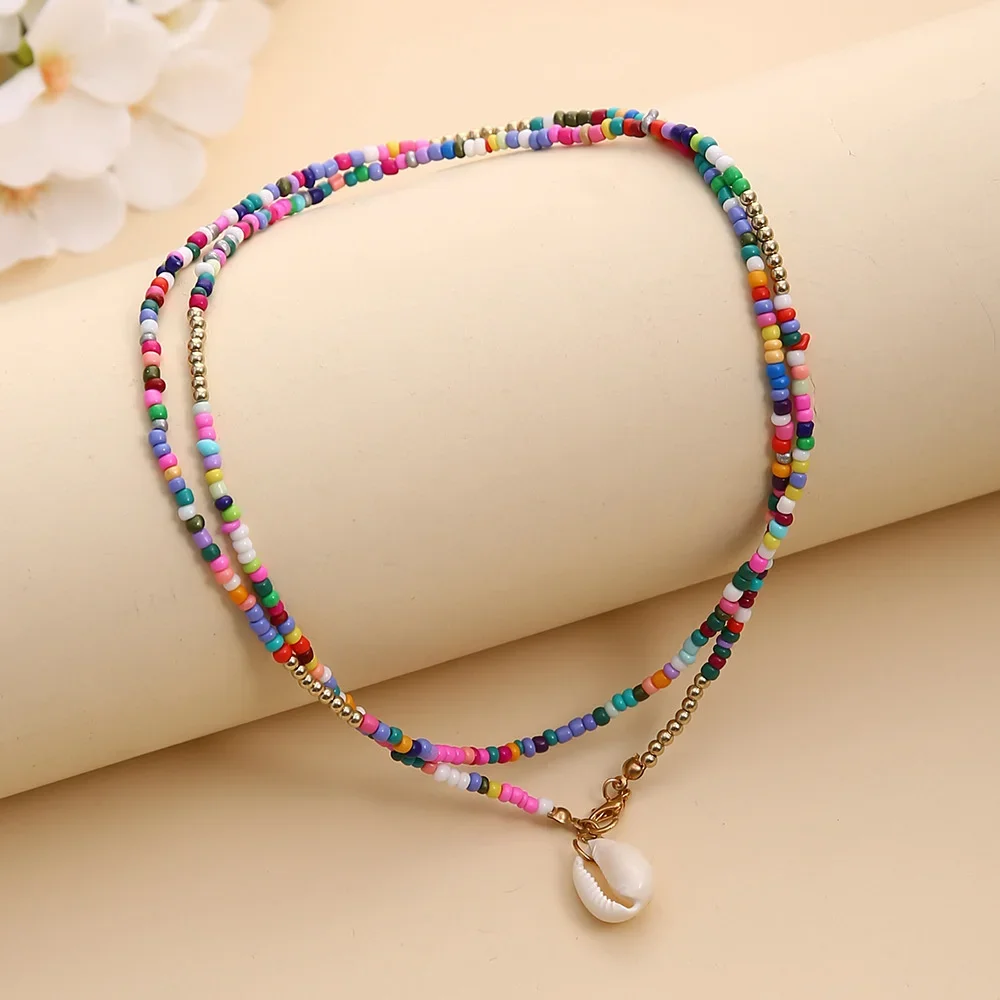 Boho Vintage Mixed Color Rice Bead Long Chain Shell Pendant Necklace For Women Female Fashion Pastoral Ethnic Style Jewelry Gift