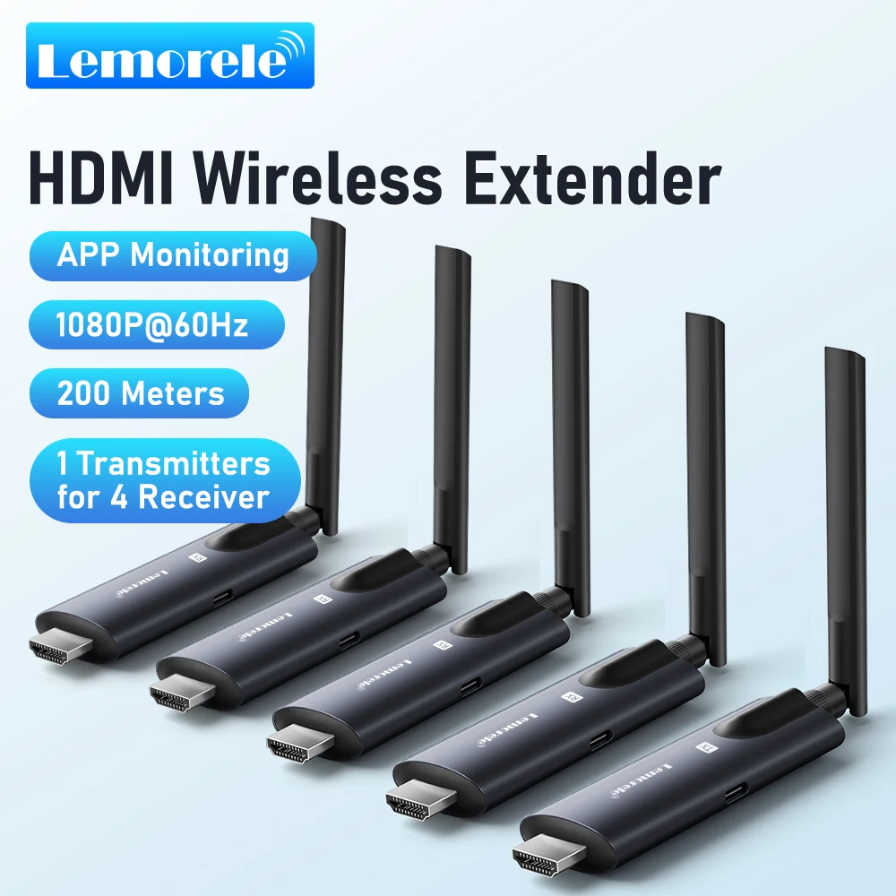 Lemorele 200m جهاز إرسال واستقبال HDMI لاسلكي APP مراقب جهاز إرسال واستقبال الفيديو الكمون المنخفض التوصيل والتشغيل لجهاز عرض تلفزيون الكمبيوتر