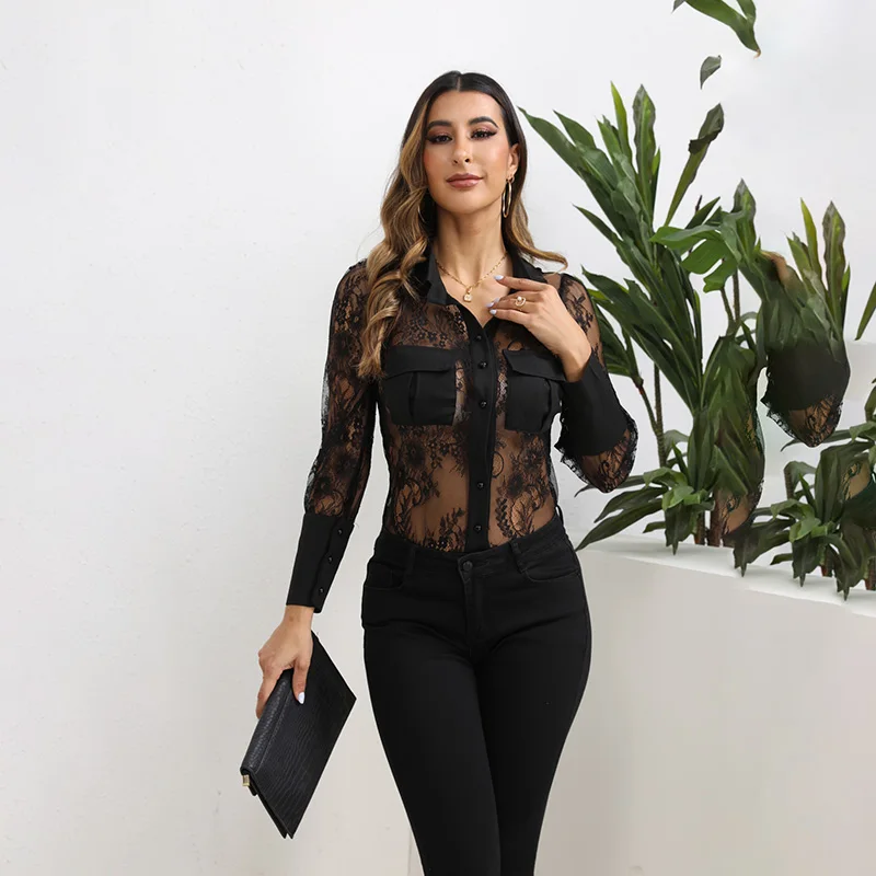 2024 new semi transparent lapel top, single breasted long sleeved pocket hollowed out lace shirt for women