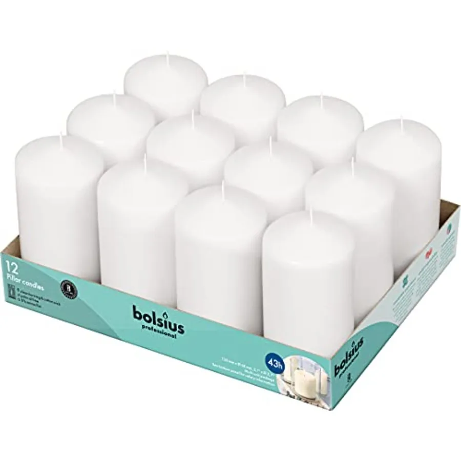 

12 White Pillar Candles - Unscented Candle Set - 43 Hours - Dripless Clean Burning Smokeless Dinner Candle - Perfect for Weddin