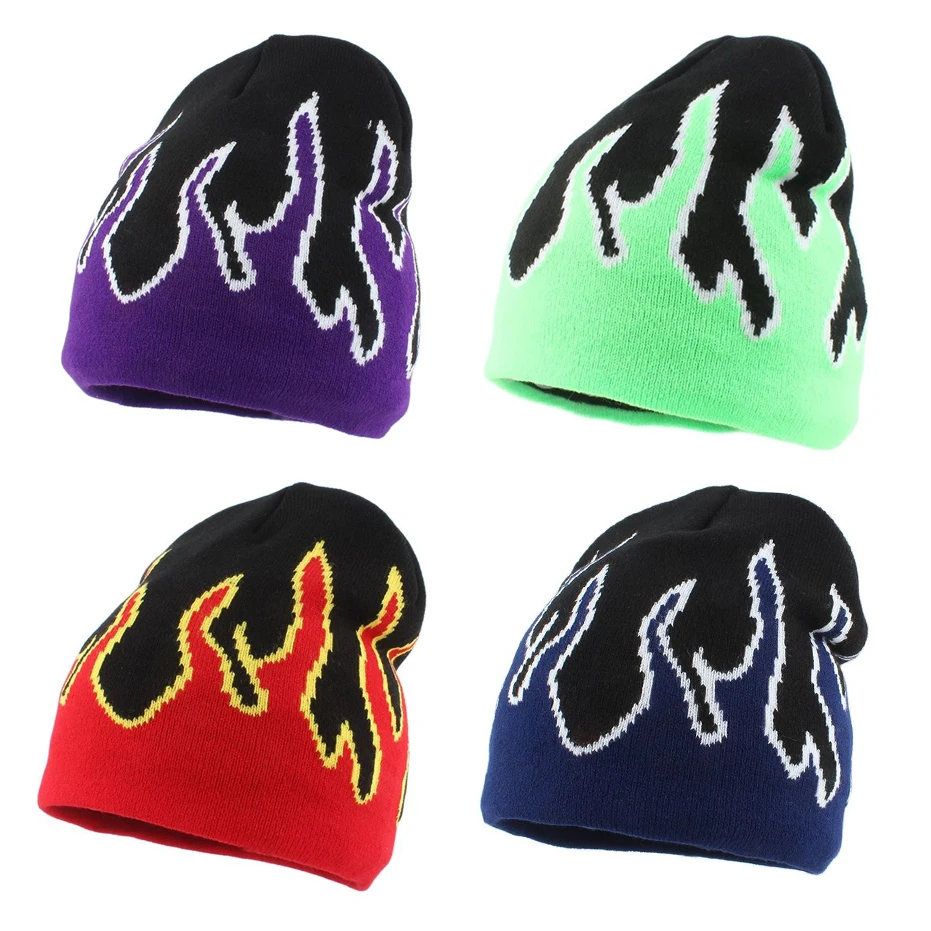 Outdoor Autumn Winter Jacquard Weave Warm Cap Flame Pattern Wool Knitted Hat Street Skull Cap Hip Hop Beanies For Men