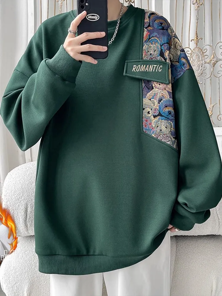 

Мужская толстовка с вышивкой и флисовой подкладкой, с длинными рукавами, зимняя, модная, повседневная, свободного кроя, с круглым вырезом