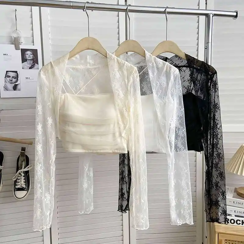 

Elegant Lace Sleeve Shawl Short Hollow out Mesh Top Women's Summer Fashion Sun Protection Cardigan Korean Style Slim Fit V-Neck
