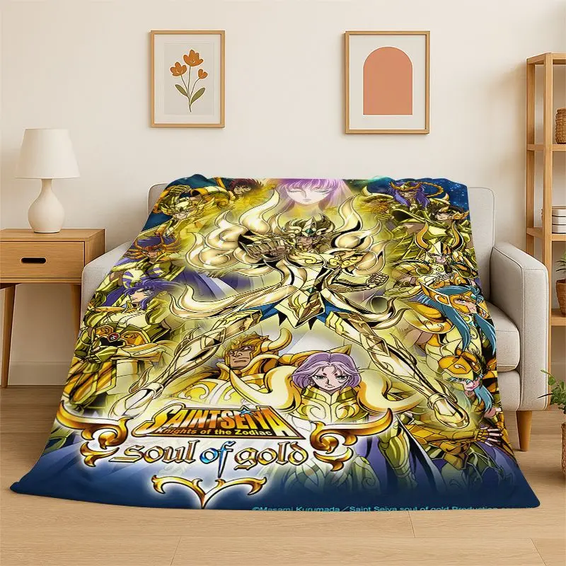 Retro Saint Seiya Anime Cartoon Flannel Blanket Soft Warm Throw Blanket for Bedroom Living Room Bed Travel Camping Picnic Gift