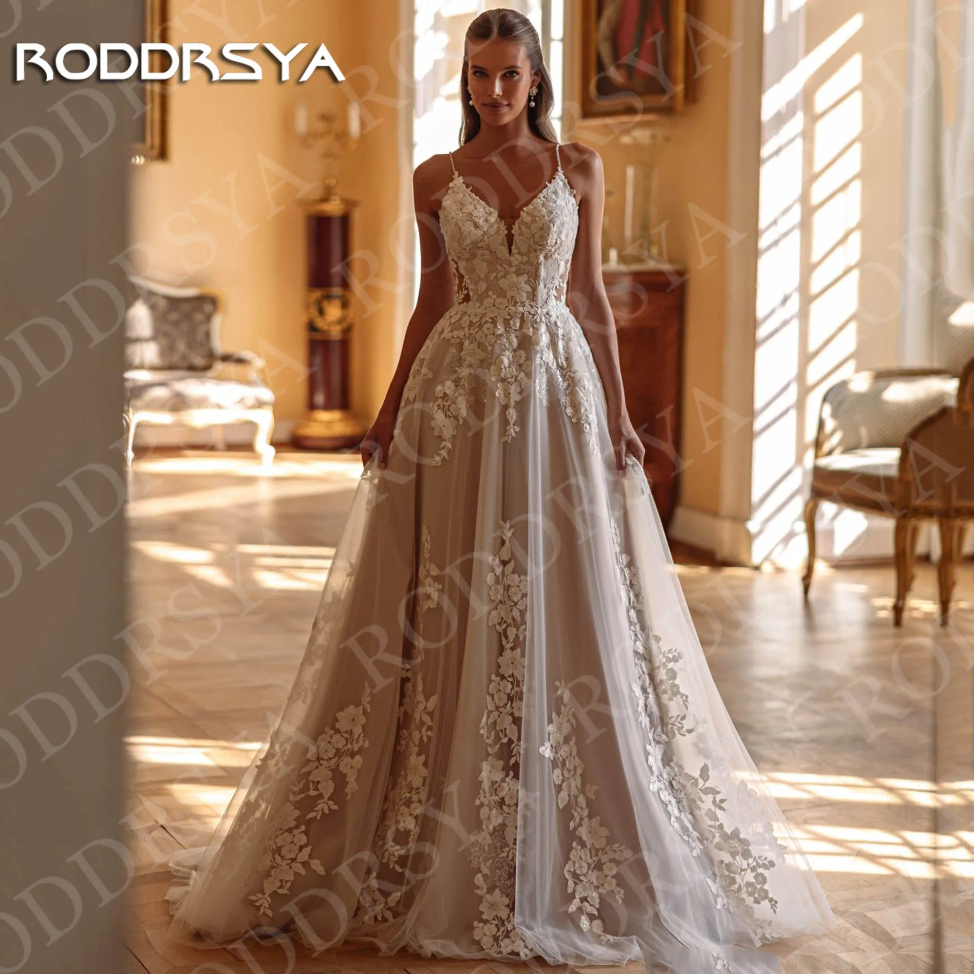RODDRSYA robe de mariée trapèze en Tulle pour femmes élégante bretelles Spaghetti avec des Appliques en dentelle dos ouvert personnalisée Une ligne Tulle robes de mariée pour les femmes élégantes bridal bracelets de sp