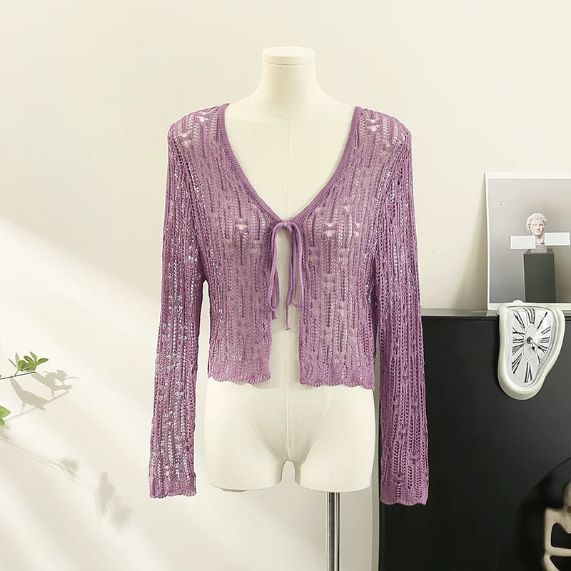 Female Hollow Out Sweater Shirts Lady Summer Full Sleeve Laced Crocheting Cardigan Thin Short Coats for Slim Woman