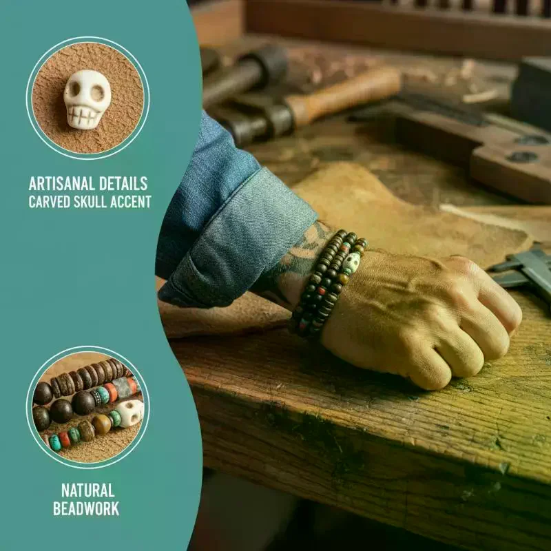 Vintage Handmade Beaded Skull Bracelet For Men Wooden Coconut Shell Beaded Bracelet Jewelry
