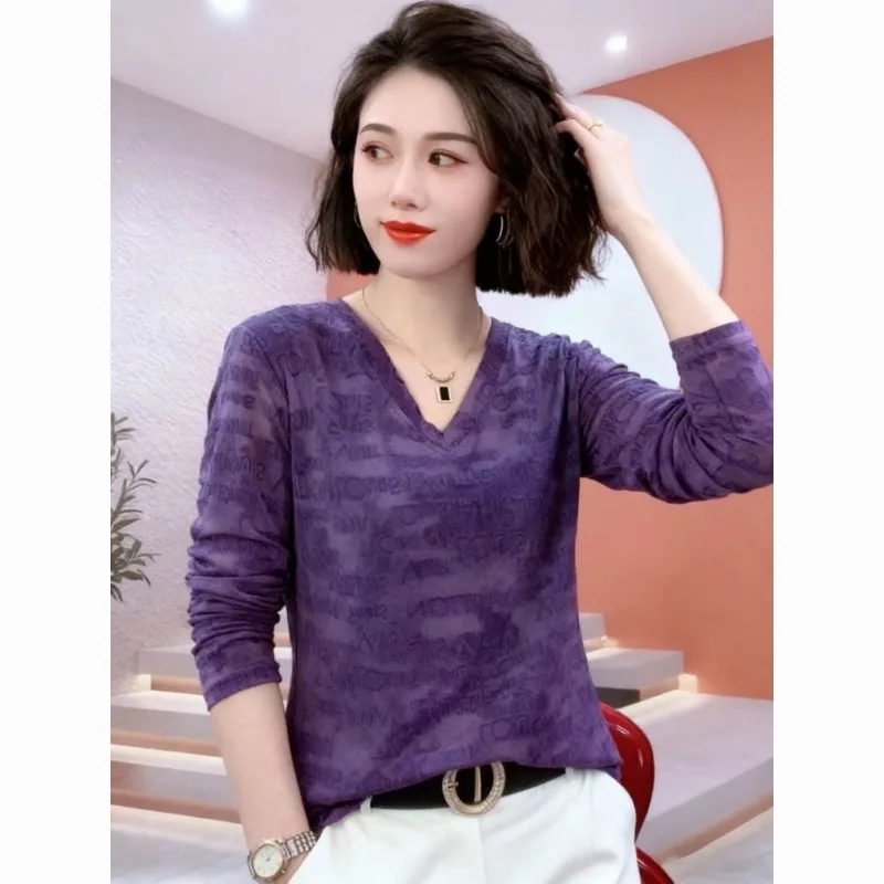 

Versatile V-neck Printed Purple Mesh Top Slim Fit Bottoming Shirt Top