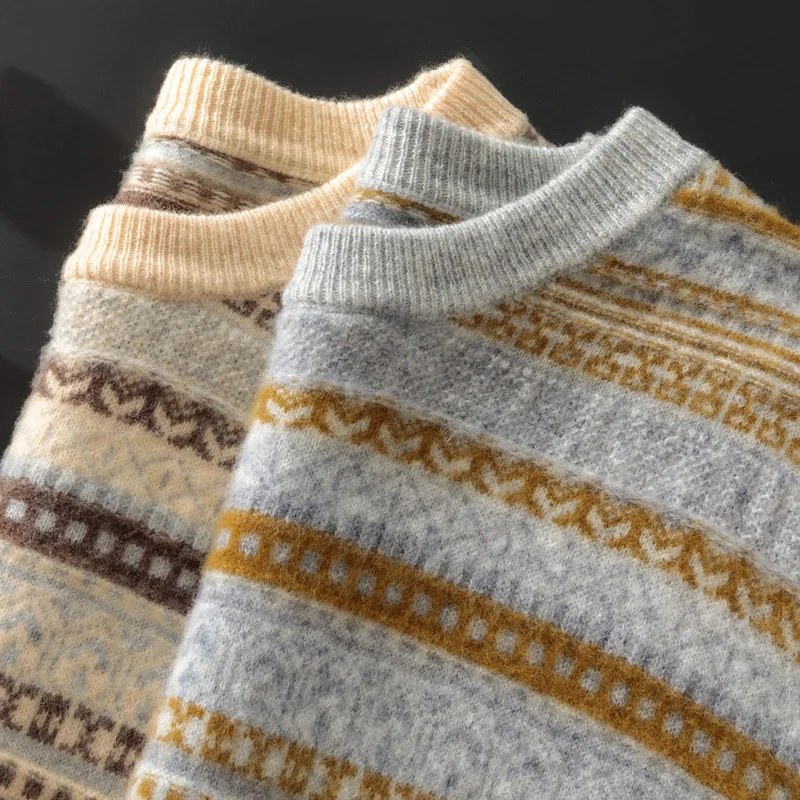 Vintage Men Autumn Winter Sweater Basic 100% Merino Wool Sweater Pullover Thick Classic O-Neck Clothing Striped Jacquard Knitted - Image 3