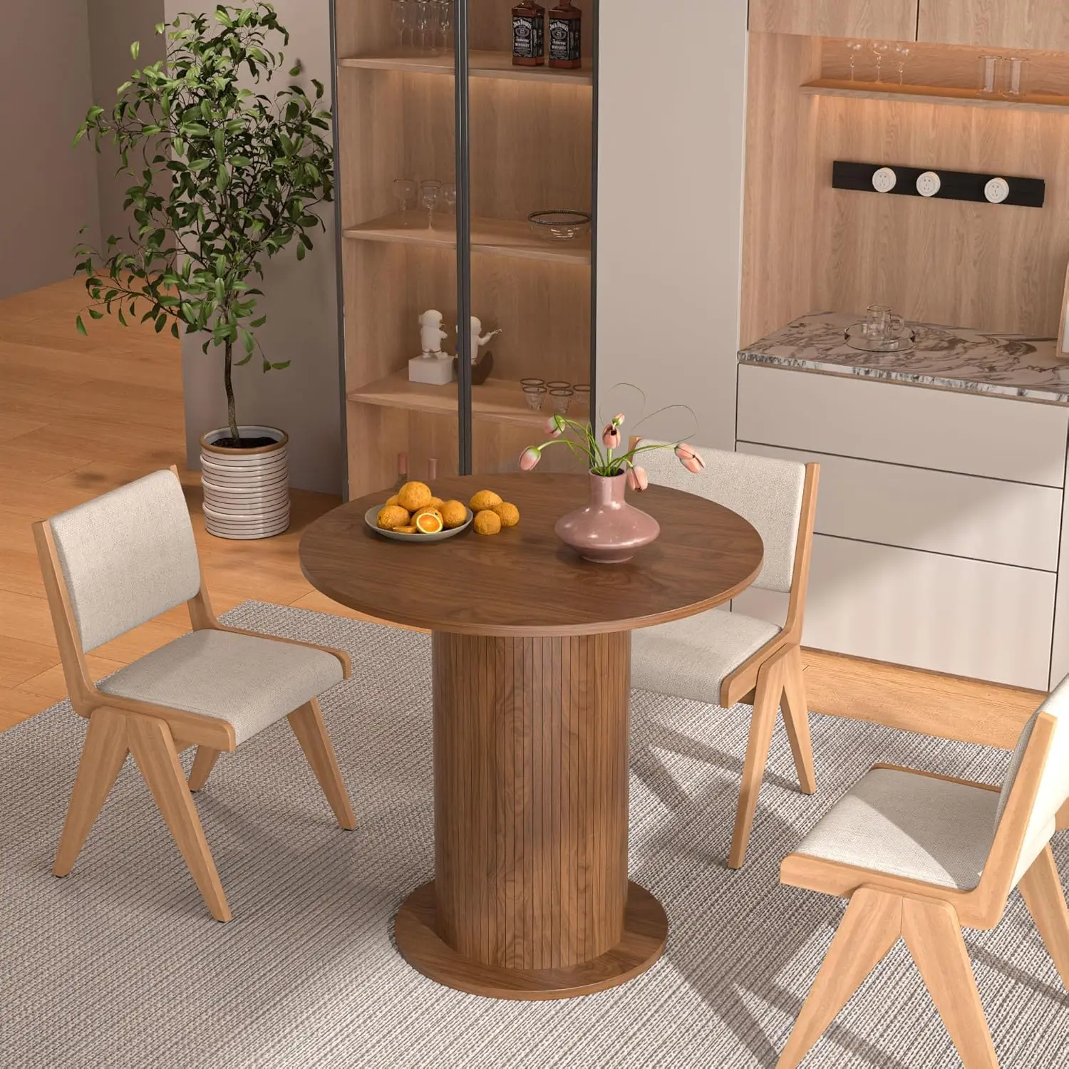 Mesa de comedor redonda para 2, mesa de cocina moderna de granja, mesas de comedor circulares pequeñas con base de tira de madera para cocina y sala de estar