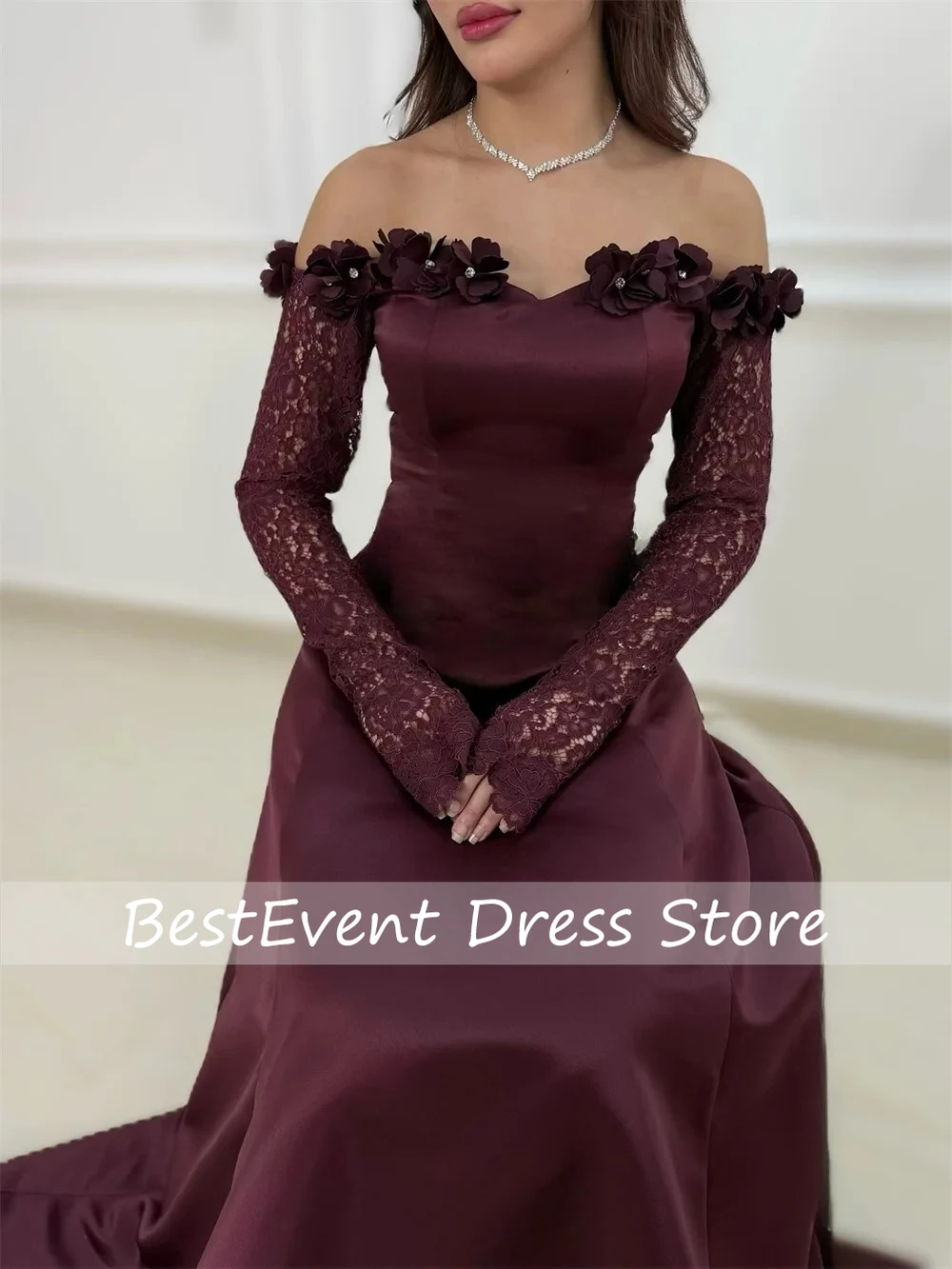 Customized Boat Collar 3D Flowers Handmade Lace A-line Floor Length Evening Dresses Long Sleeve Bespoke Occasion Dresses