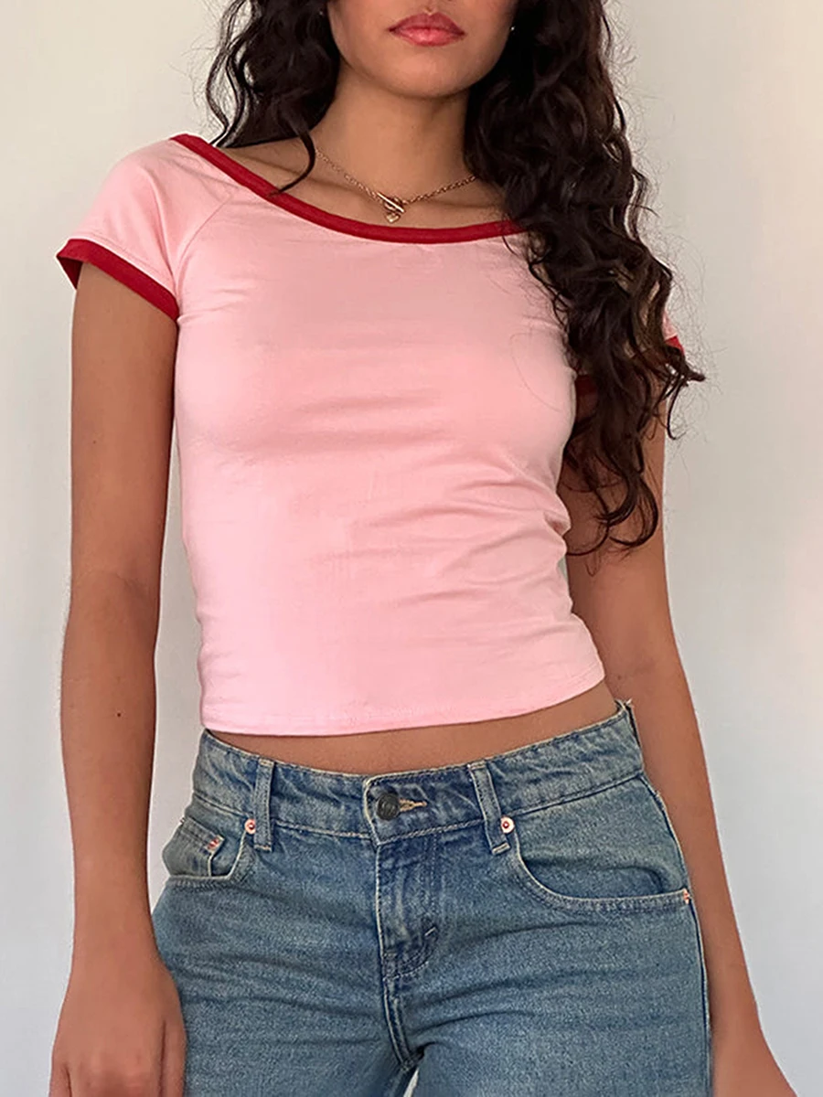 

Women Summer Basic Tees Shirts Casual Top Crew Neck Rib Knit Short Sleeve Slim Fit Crop Top Y2K Aesthetic Streetwear